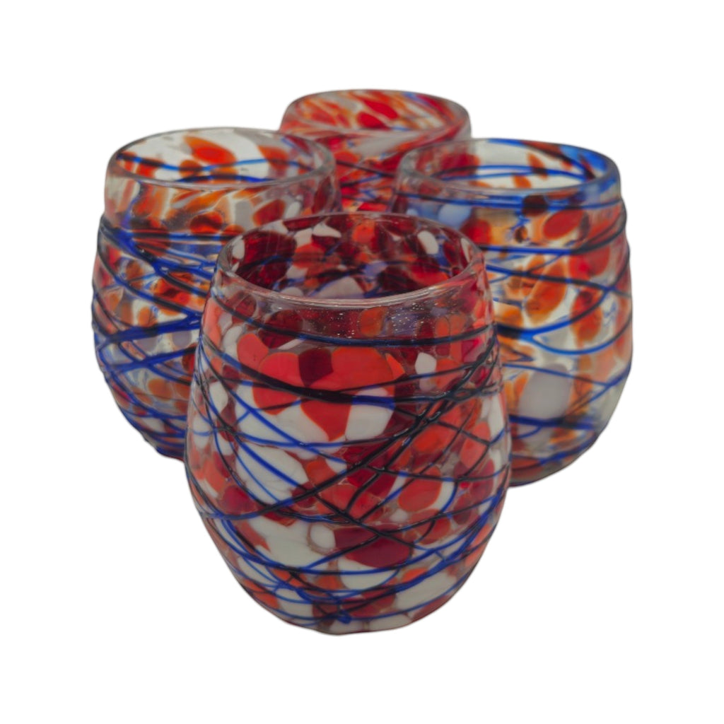 Mexican Stemless Wine Glass | Hand-Blown Orange & Blue Swirl