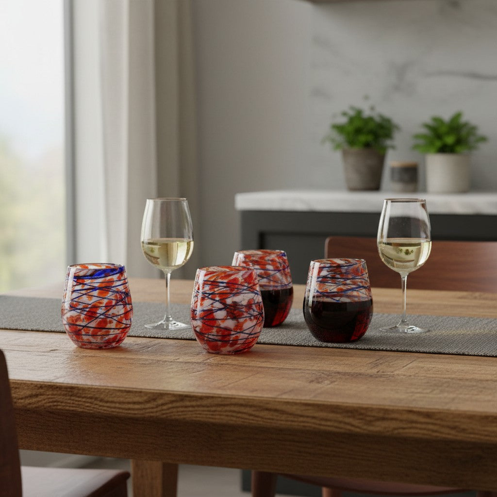 Mexican Stemless Wine Glass | Hand-Blown Orange & Blue Swirl