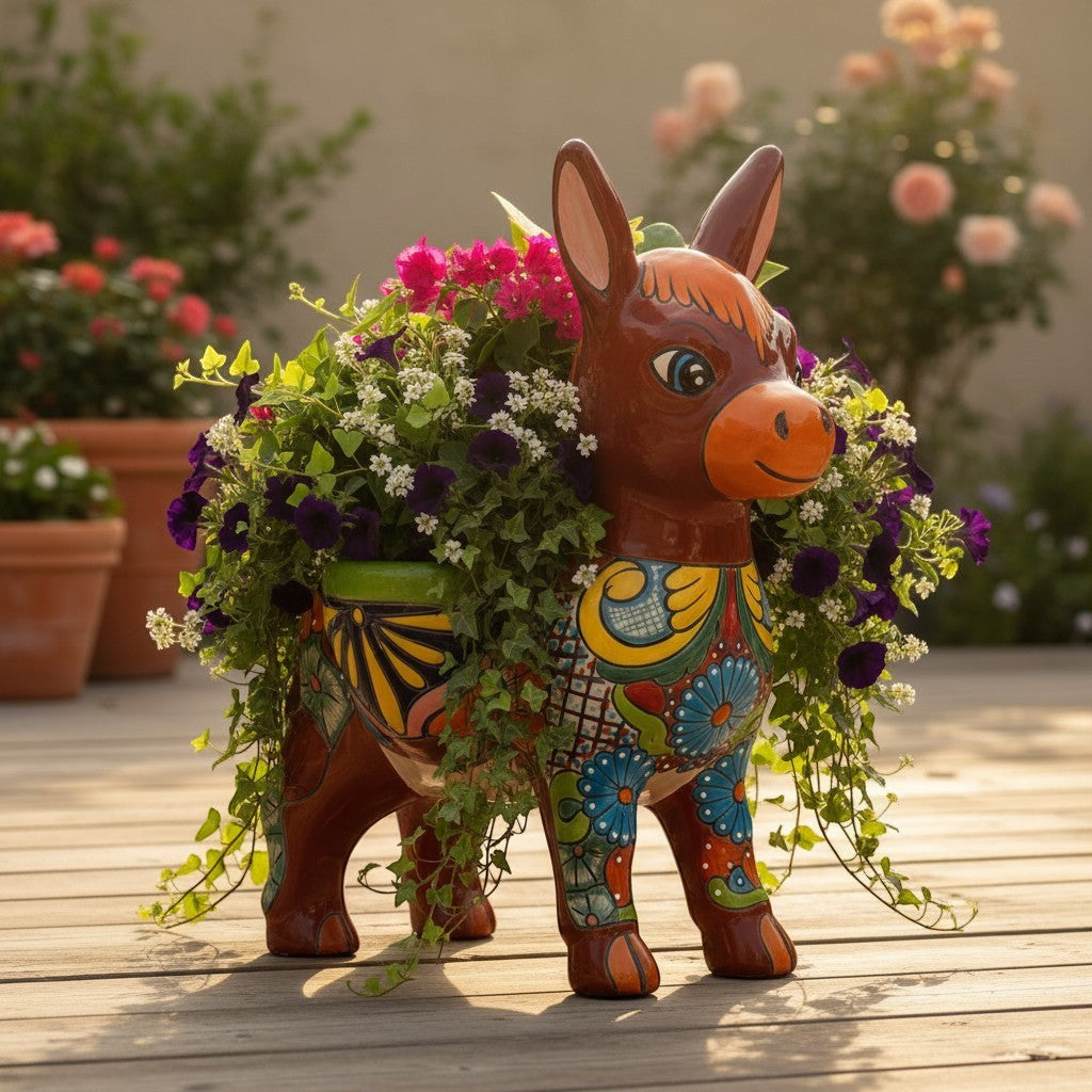 Large Talavera Donkey Planter | Hand-Painted Ceramic Burro
