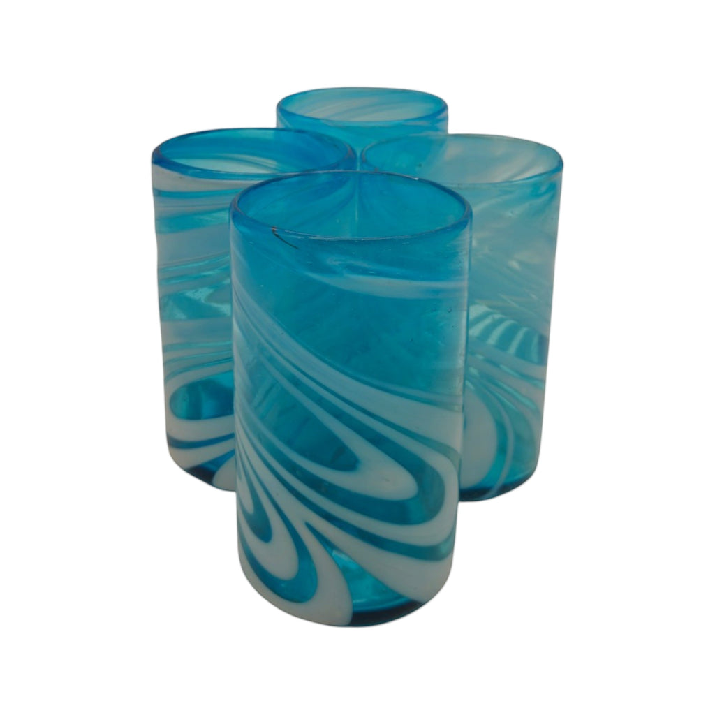 Handblown Mexican Teal Tumbler Glass | White Swirl Accent