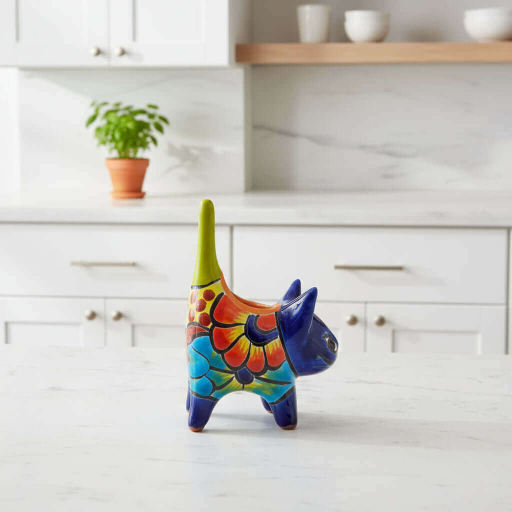 Vibrant Talavera Cat Planter | Handmade Mexican Pottery