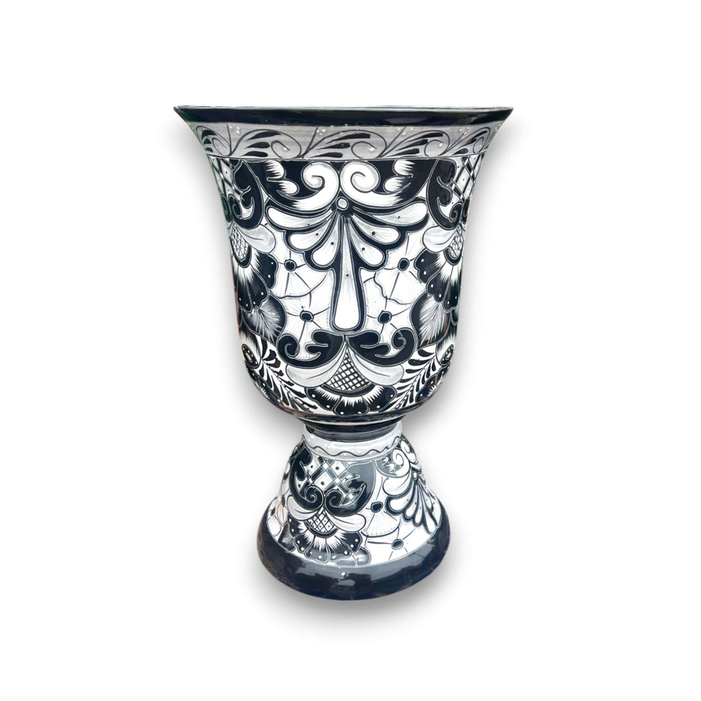 Extra Large Black Talavera Planter | Hand-Painted Pedestal Flower Pot
