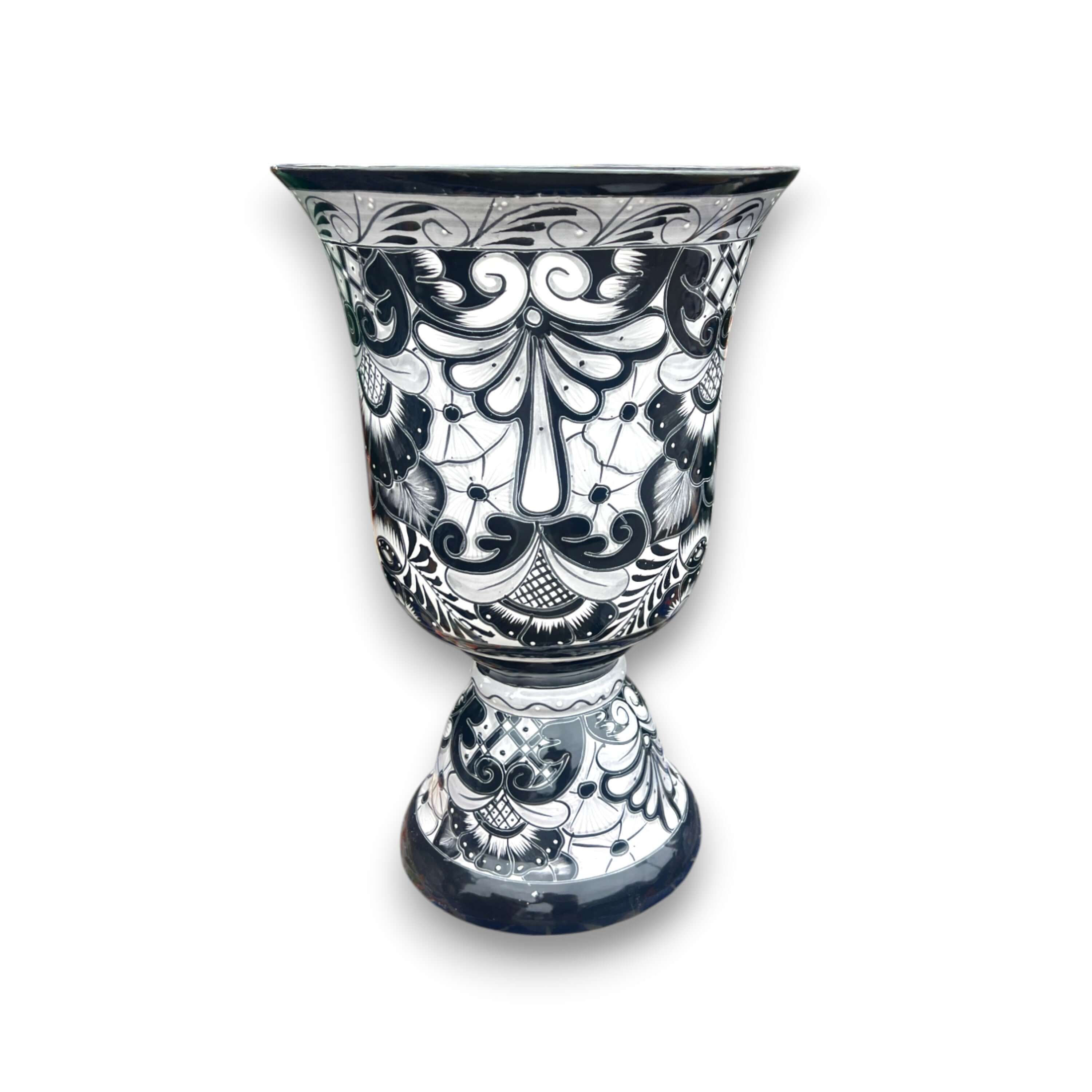 Extra Large Black Talavera Planter | Hand-Painted Pedestal Flower Pot
