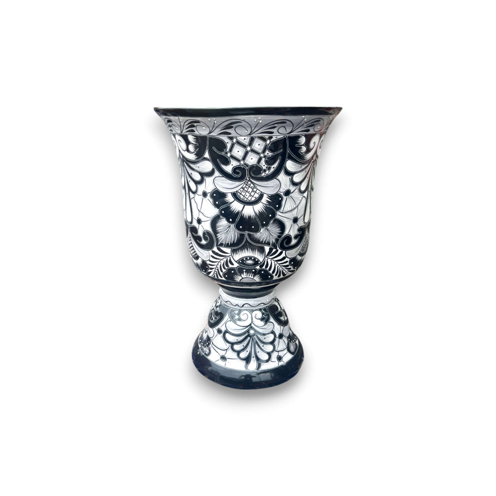 Extra Large Black Talavera Planter | Hand-Painted Pedestal Flower Pot