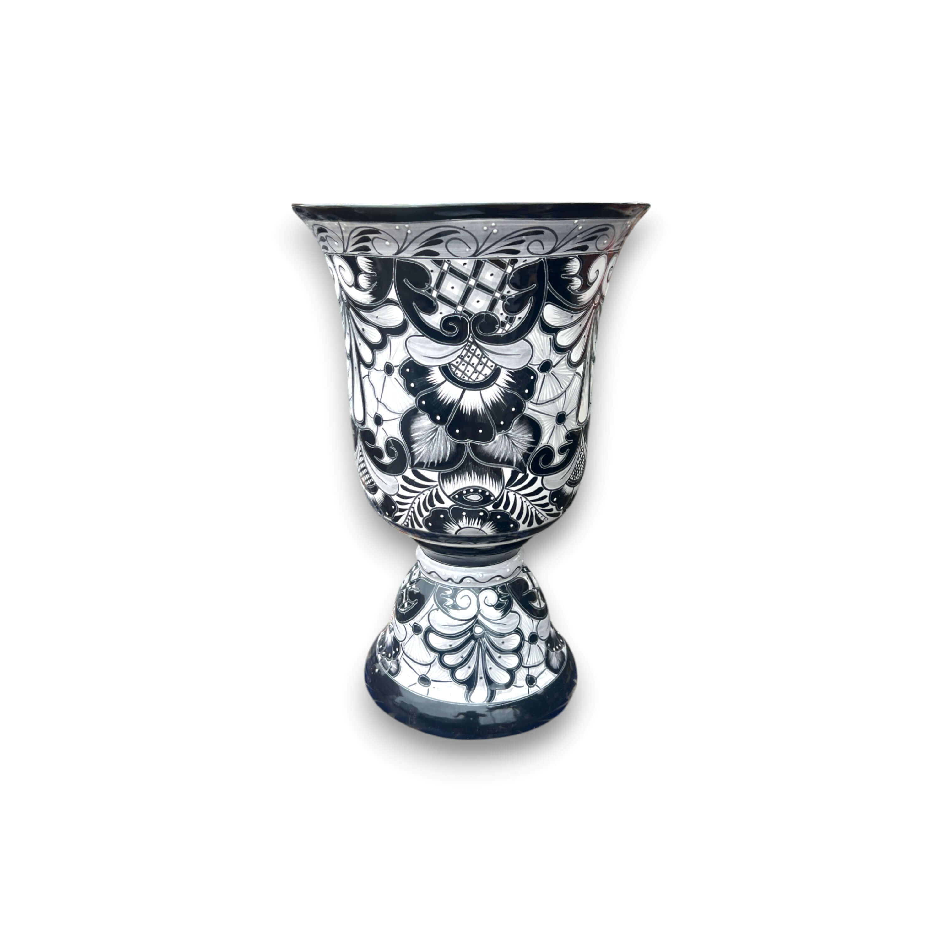 Extra Large Black Talavera Planter | Hand-Painted Pedestal Flower Pot