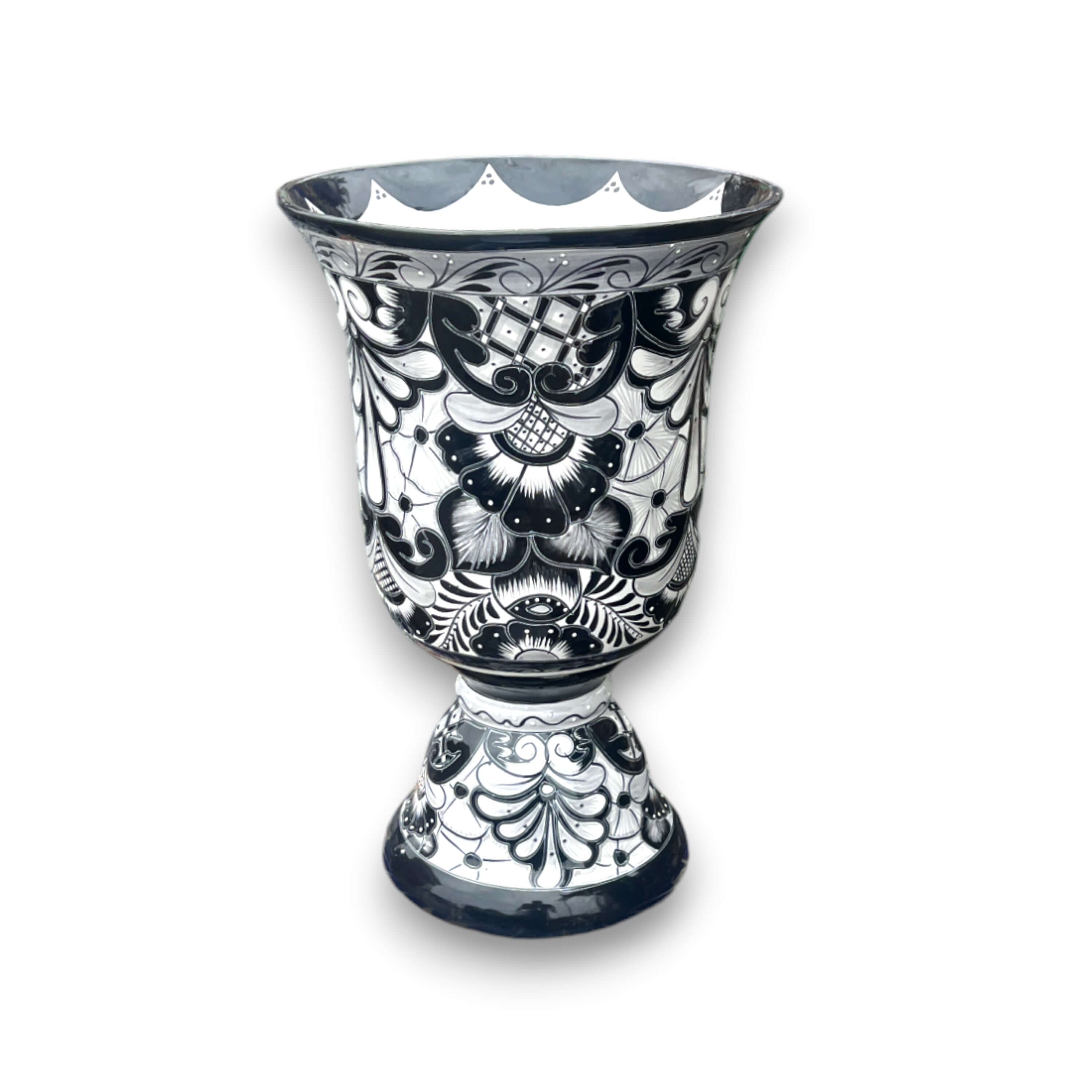 Extra Large Black Talavera Planter | Hand-Painted Pedestal Flower Pot