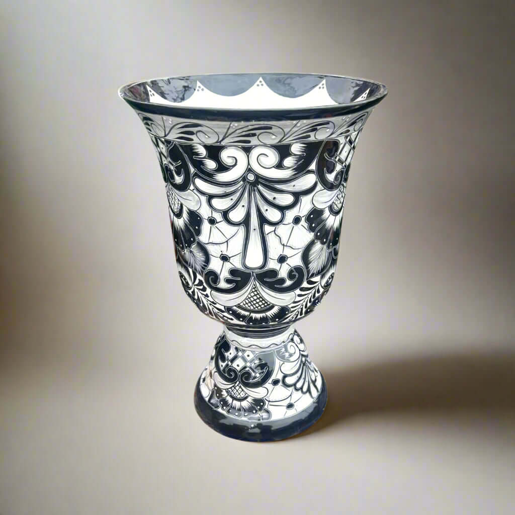 Extra Large Black Talavera Planter | Hand-Painted Pedestal Flower Pot