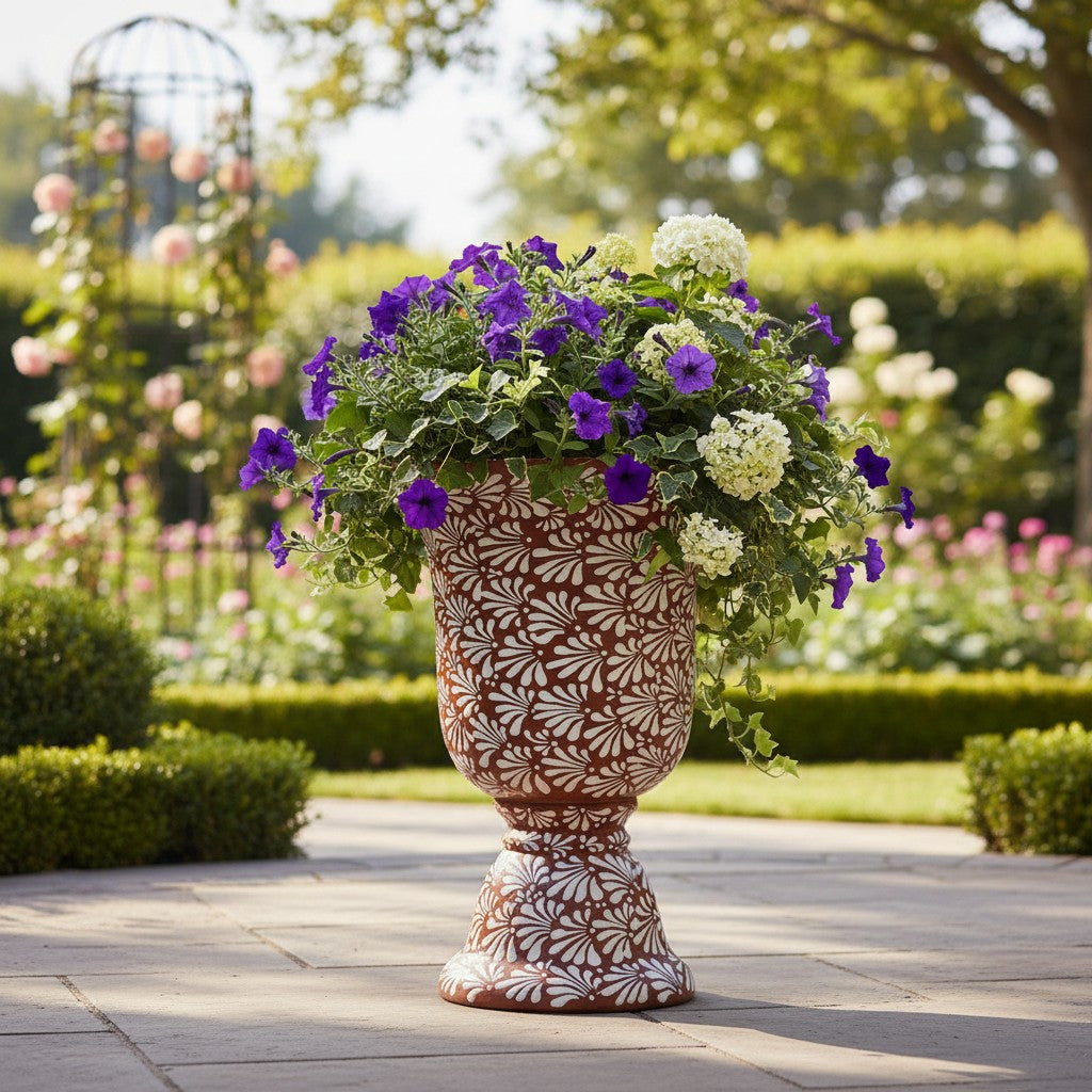 XL Brown & White Talavera Pedestal Planter | Handmade Flower Pot