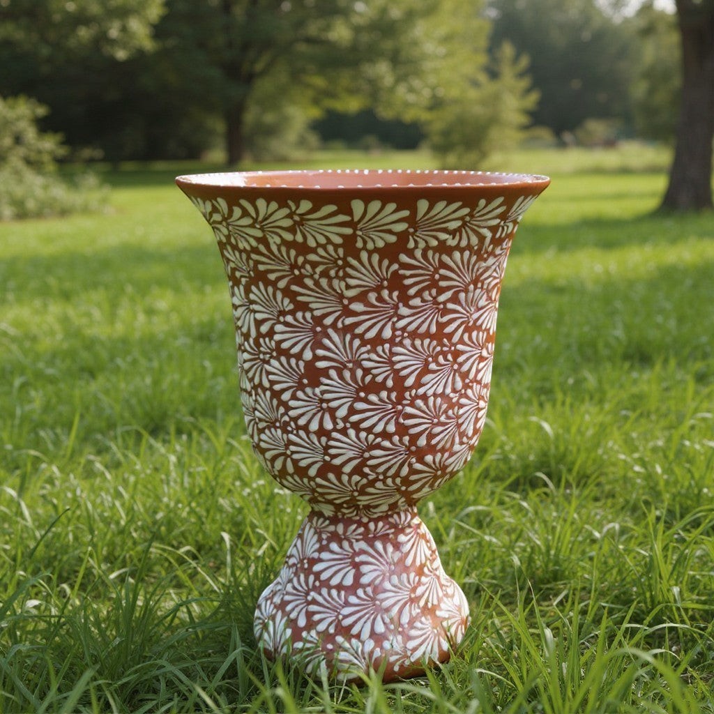 XL Brown & White Talavera Pedestal Planter | Handmade Flower Pot